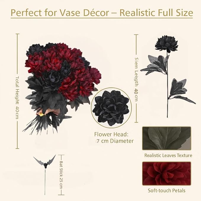 Gothic Black and Red Artificial Dahlia Flowers – Luxury Faux Bouquet for Vase Decor, Dark Aesthetic Centerpiece Arrangement for Modern Home, Living Room, Entryway & Dining Table Décor