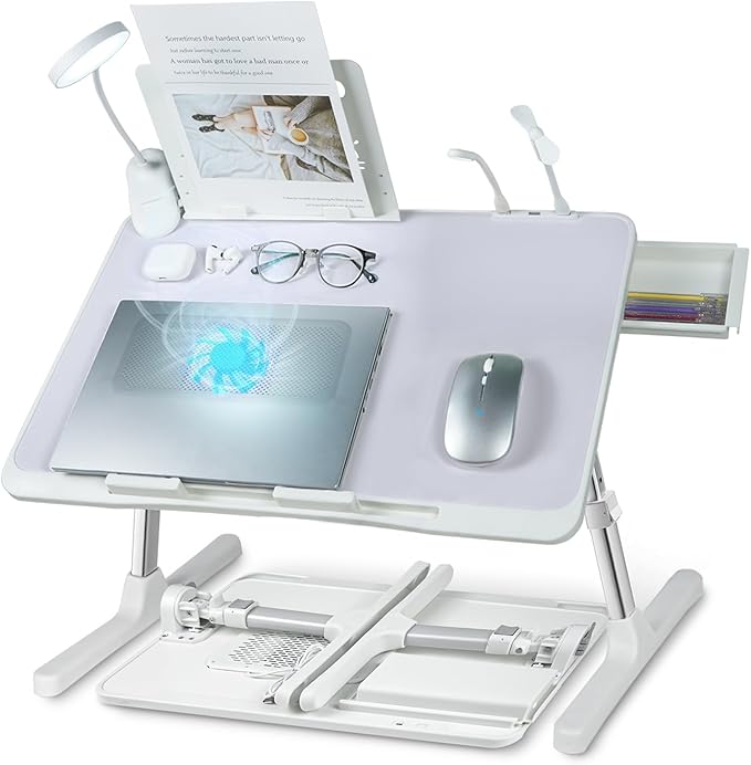 iXTRA Laptop Lap Desk with Cooling Fan - Adjustable with Light, USB, Storage Drawer - Folding Bed Desk,23.62"*15.74",Grey
