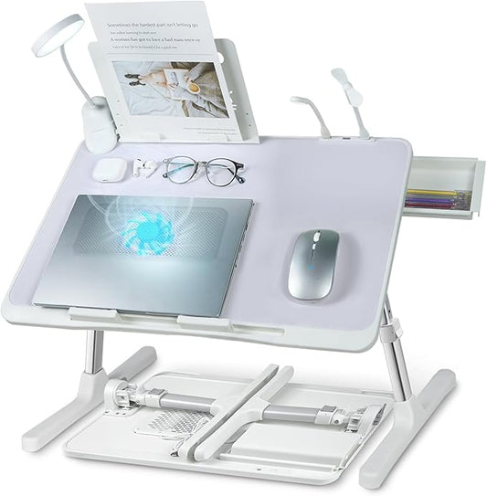 iXTRA Laptop Lap Desk with Cooling Fan - Adjustable with Light, USB, Storage Drawer - Folding Bed Desk,23.62"*15.74",Grey