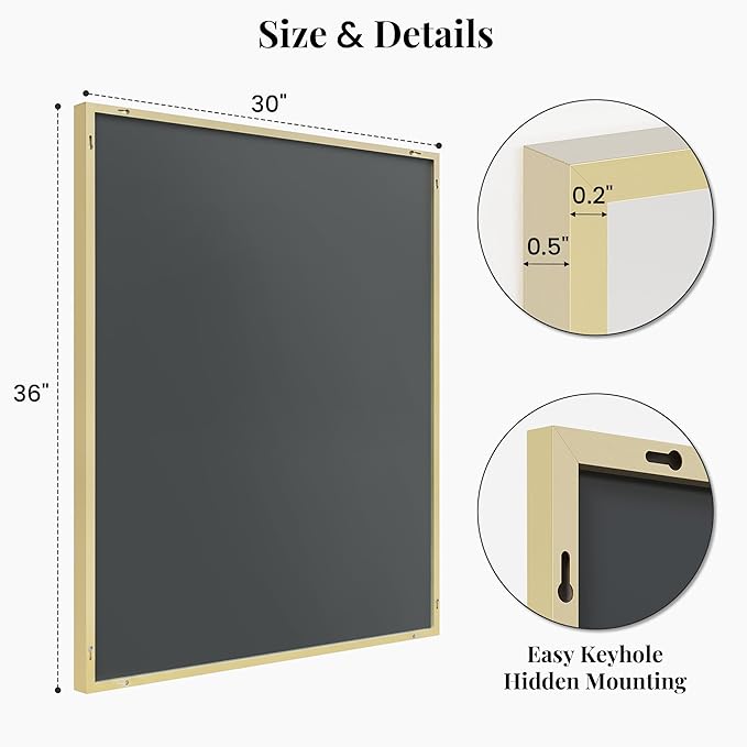 30"x36" Gold Bathroom Mirror for Wall, Shatterproof Tempered Glass, Brass Tone Rectangle Narrow Frame, H/V Wall-Mounted, Ultra-Flush