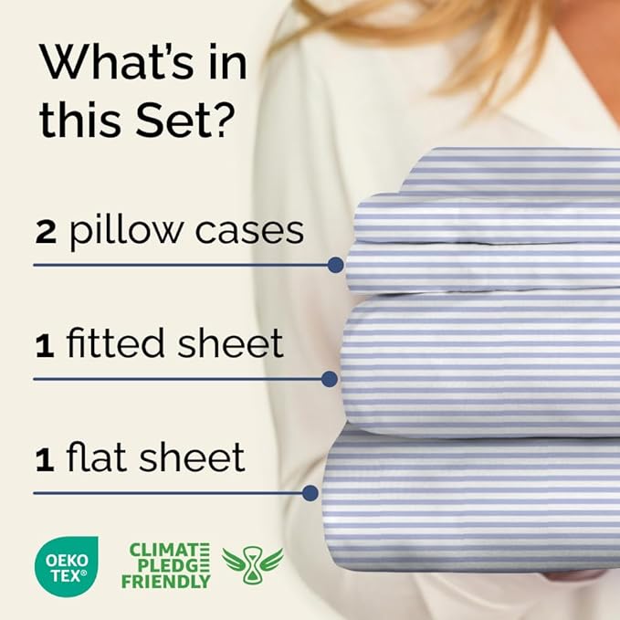 Light Blue and White Striped Sheets - 1 Flat & 1 Fitted Sheet & 2 Pillowcases w/ Deep Pockets - Wrinkle & Fade Resistant - Ultra-Soft, Breathable & Cooling - Luxury Pinstripe Bedding - King Size