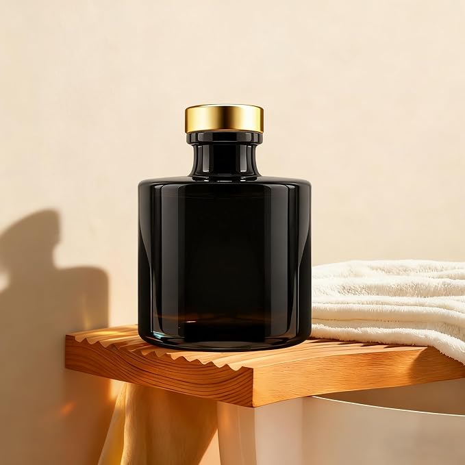 Black Glass Diffuser Bottles Round Diffuser Jars with Gold Caps Set of 4 – 2.95 inches High, 100ml 3.4ounce. Fragrance Accessories Use for DIY Replacement Reed Diffuser Sets.