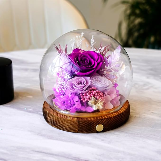 Preserved Real Rose Flowers in Glass Dome with LED Lights,Real Rose Flowers Unique Floral Gift for Girlfriend Mom Wife Girlfriend on Christmas Birthday Anniversary (Aurora Purple)