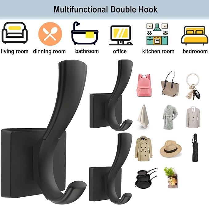 TOFIIGREM Black Coat Hooks for Wall Hanging, Bath Robe Hook Heavy Duty Thick Towel Hooks, Wall Mount Hooks Bathroom Entryway Mudroom Hooks for Hanging Coats Key Robe Hat Backpack (12 Pack, Black)