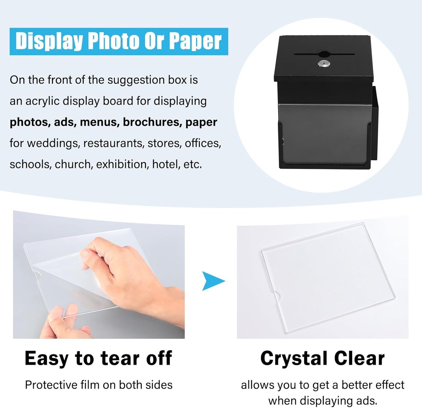 Xydled Donation Box - Key Lock Acrylic Sign Holder & Metal Ballot Drop Box | 8.9''x7.1''x6.3'', Black