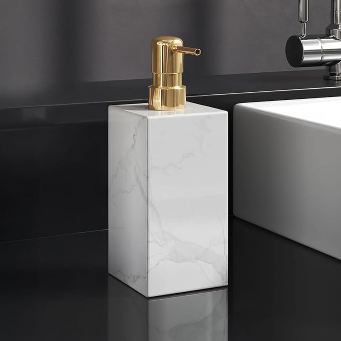 Real Natural Marble Soap Dispenser with Stainless Steel Pump Decorative Liquid Hand Soap Bottle for Kitchen Bathroom, Compatible with Lotion, Dish Soap Shower Gel (White 1 Set)