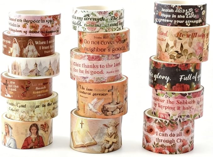 Bomichi Christian Washi Tape, 16 Rolls Aesthetic Colored Decorative Cute Scrapbook Tape for Scrapbooking Supplies Journaling Craft Junk Journal