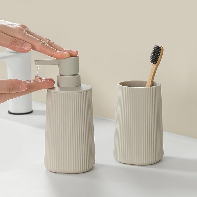 YAUKPH Bathroom Accessories Set 2 Piece Soap Dispenser and Toothbrush Holder for Bathroom Countertop Striped Beige