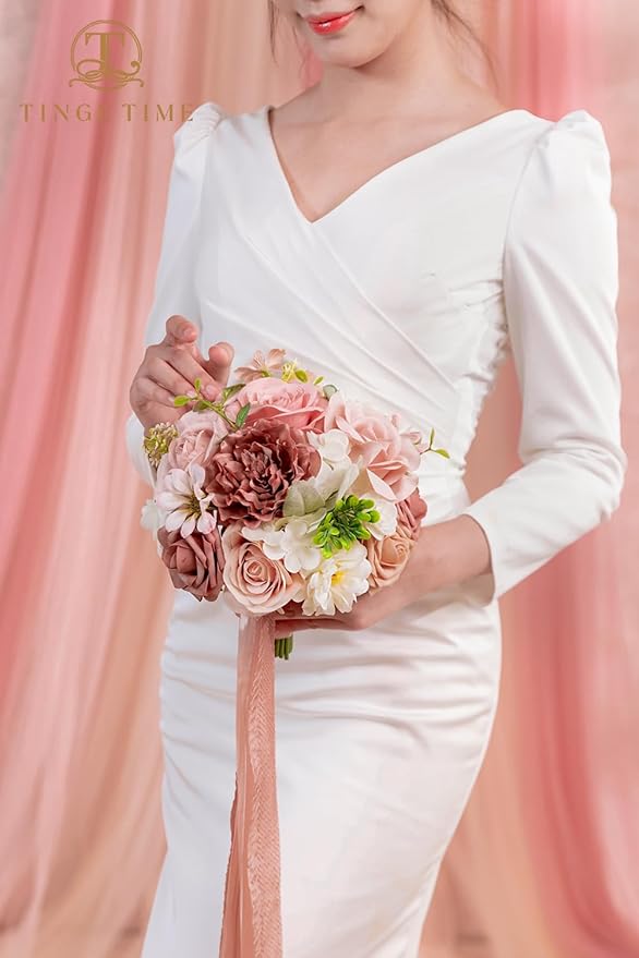 TINGE TIME 9 inch Bridal Bouquets for Bride, Artificial Silk Flowers Tossing Bouquet, Bride Bouquets for Wedding,Ceremony, Anniversary (DustyRose&Cream)