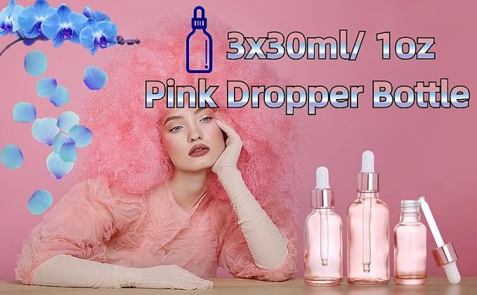3PCS Dropper Bottle 1 oz Glass Dropper Bottles with Dropper Pipettes Small Sample Dropper Bottles Refillable with Funnels and Labels for Essential Oils, Aromatherapy(30ml Pink)