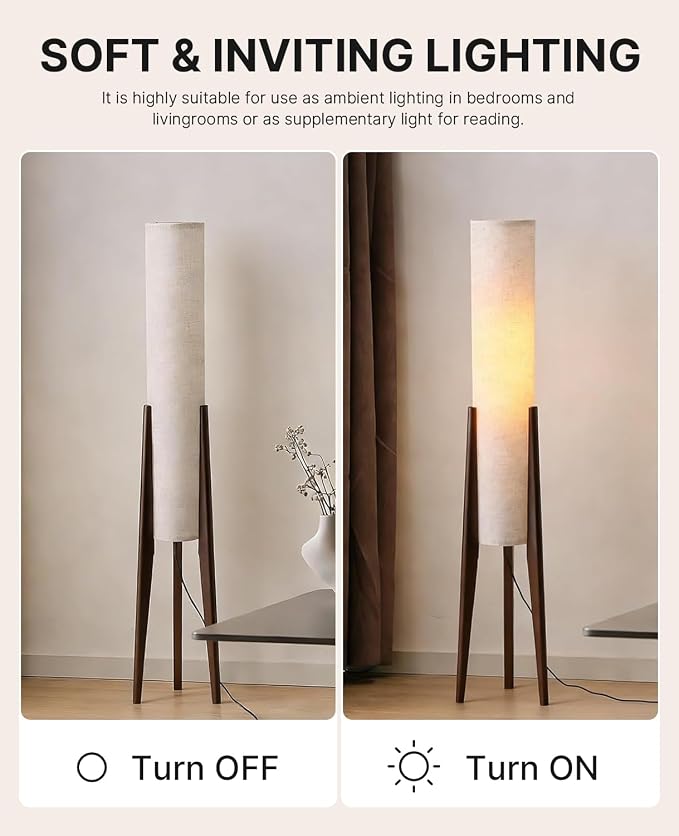 Walnut Wood Tripod Floor Lamp, 48.8 in High Vintage Column Floor Lamps with White Fabric Lampshade, Mid Century Modern Floor Lamp for Bedroom Living Room Home Office (Walnut)