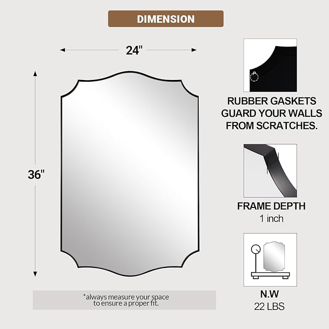 ANDY STAR Matte Black Mirror, 24x36 Inch Scalloped Bathroom Mirror, Unique Wavy Rectangle Mirror in Stainless Steel Metal 1” Frame, Wall Mount Vertical or Horizontal