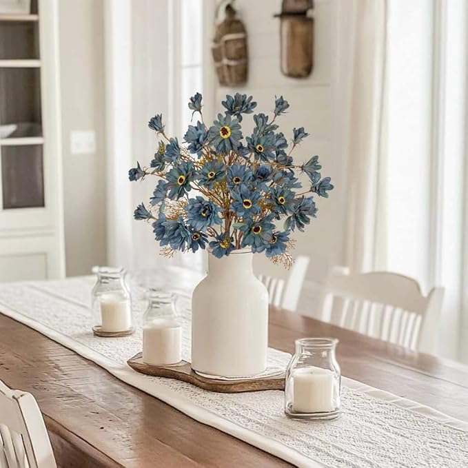 3 Bundles Artificial Daisy Flowers with Branches for Autumn Floral Arrangements, 20" Faux Wildflowers Mums Sprays for Fall Decor, Wedding Centerpieces, Fake Chrysanthemums Silk Flowers in Cyan Blue