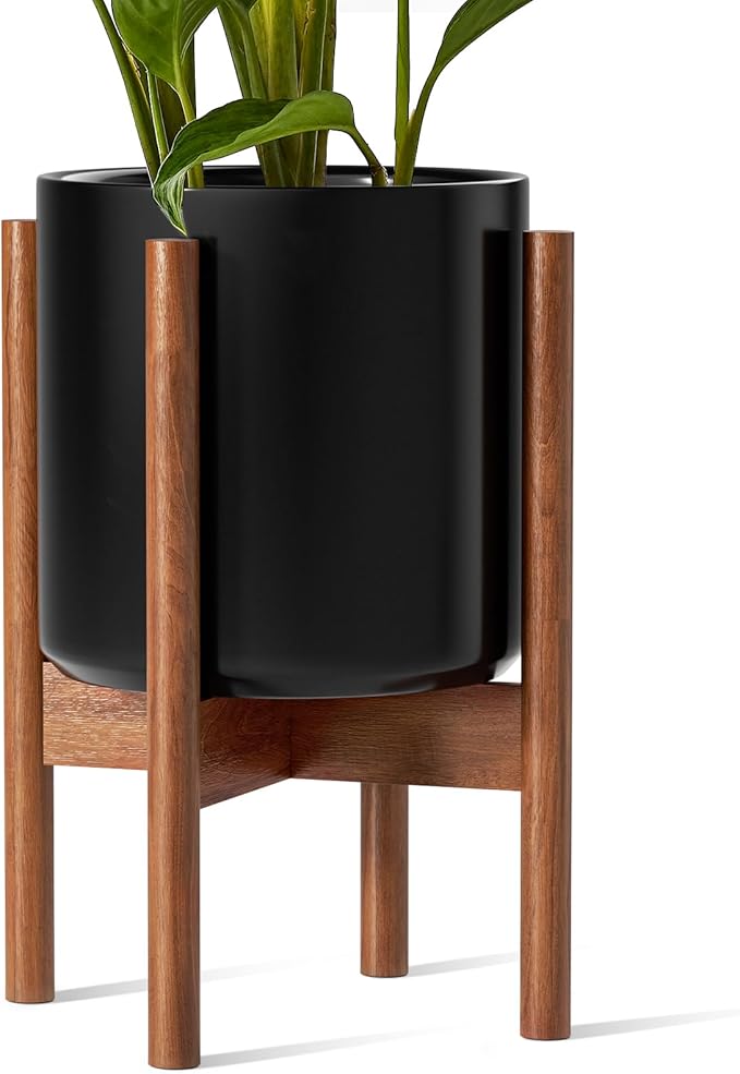 LE TAUCI 12 Inch Planter with Acacia Wood Stand, Large Ceramic Indoor Plant Pot with Drainage Hole & Plug, Mid Century Modern Plant Holder for Fiddle Leaf Fig, Monstera, Snake Plant, Black