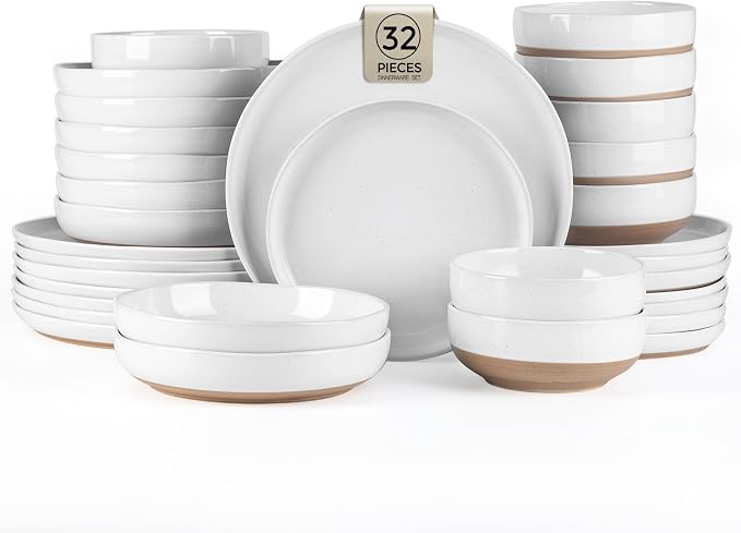 AmorArc Ceramic Dinnerware Sets with Pasta Bowls for 8, Handpainted Plates and Bowls Set with Rustic Terracotta Underside, Scratch Resistant Dishes Set, Dishwasher & Microwave Safe, 32 Pcs