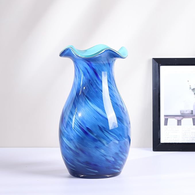 10.6in Hand Blown Blue Glass Vase – Wide Mouth Murano Bubble Art Glass Vase, Cobalt Blue Flower Vase for Coastal, Vintage, Colorful Home Decor, Vase Gift for Mom or Display (Blue)