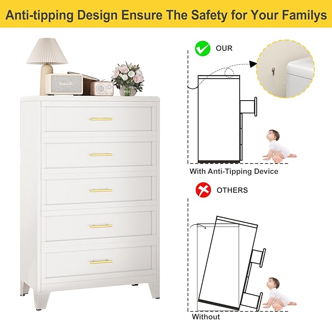 5 Drawers Tall White Dresser for Bedroom, 52.16" Metal Dressers & Chests of Drawers Curved Corner Design, Storage Organizer Drawer Chest with Large Capacity for Living Room, Hallway, Entryway