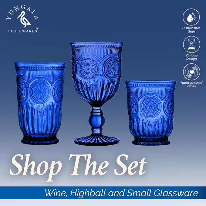 Cobalt Blue Glassware drinking glasses Set of 6, Handcrafted 8-Ounce Cups with Vintage Sunflower Pattern, Sturdy Lead-Free, Dishwasher Friendly blue drinking glasses with matching highball and goblets