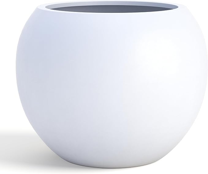 DTY Signature Mount Sherman Modern Indoor Outdoor Fiberstone Sphere Planter, Durable Round Garden Pot, Weather Resistant, Drainage Hole & Rubber Plug, Planter for Christmas Tree - Large, White