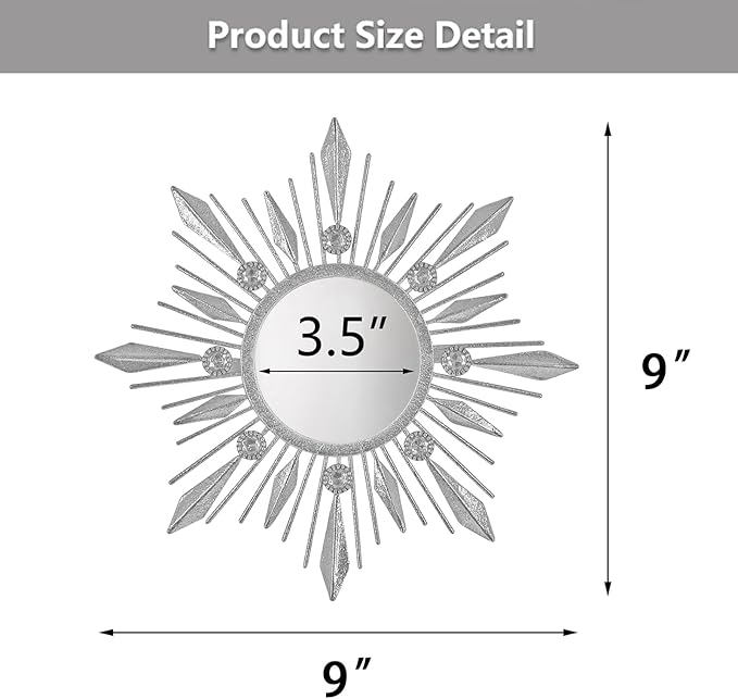 Silver Mirrors Wall Decor, Metal Sunburst Mirror Wall Art Christmas Decorative Mirrors, 9 inch Home Christmas Decoration Rhinestone Small Mirror for Living Room Entryway Set of 3