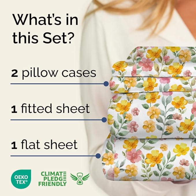 Floral Sheets - Watercolor Floral Bed Sheet Set - 1 Flat, 1 Fitted & 2 Pillowcases w/ Deep Pockets - Comfy, Wrinkle & Fade Free Boho Botanical Bedding - Soft, Breathable and Cooling - King Size New