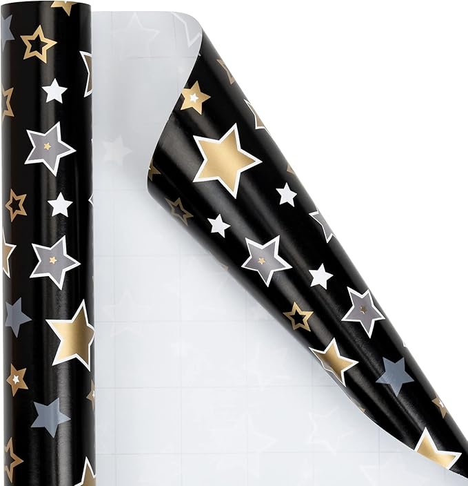 MAYPLUSS Graduation Gift Wrapping Paper Roll - 17in x 120in Per Roll - Black Gold Foil Star, Stripe & Graduation Cap Gift Wrap Paper Sheets for Party, High School, College, Annusarily Back to School