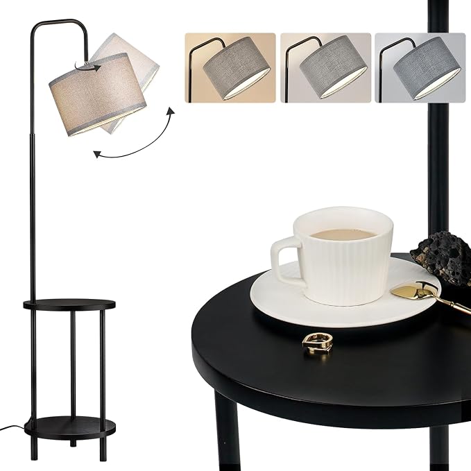 ELYONA Modern Floor Lamp for Living Room, Solid Wood Side Table Lamp with Grey Fabric Drum Shade, 3-Color Temperatures End Table Standing Light for Bedroom, Living Room, LED Bulb Included, Matte Black