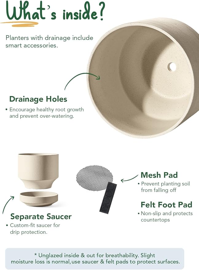 LE TAUCI 12 Inch Pots for Plants with Saucer, Ceramic Indoor Planter Pot for Plants with Drainage Hole, Mesh Pad & Plug Included, Unglazed Porous Ceramic, Modern for Home and Office, Speckled Oat