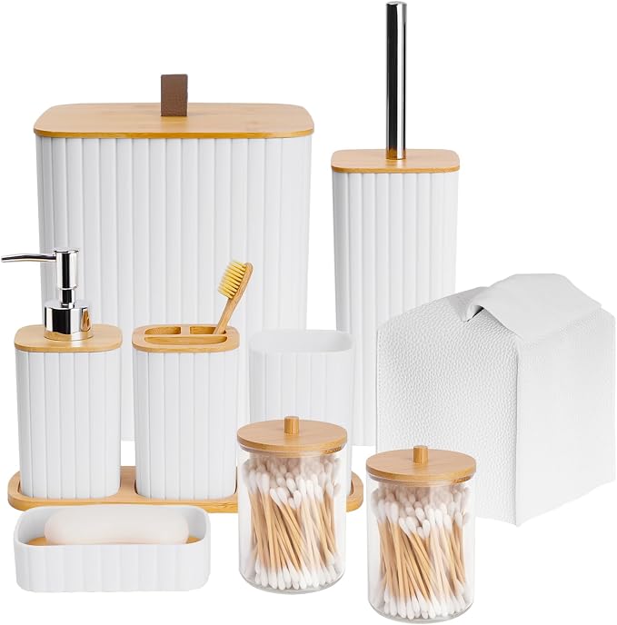 Bathroom Accessory Set - 10 Piece White Bathroom Sets Complete with Trash Can, Toothbrush Holder & Cup, Soap Dispenser, Soap Dish, Toilet Brush & Holder, Vanity Tray, Qtip Holder, Tissue Box Cover