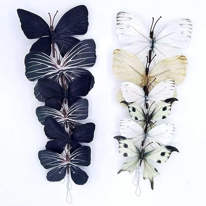 12 PCS Artificial Fabric Butterflies, 2 Sizes Reusable Butterly Crafts Decor, DIY 3D Butterfly Decorations for Fake Flowers Floral Nursery Wedding Tea Party Birthday Easter Spring. (White Black Large)