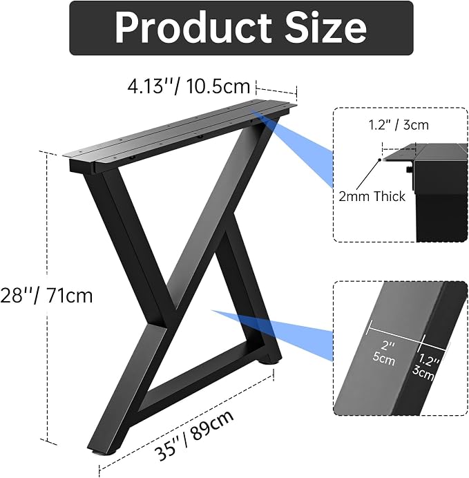 TOCRETOARE Metal Table Legs Heavy Duty, 28”H x 35”W, Metal Furniture Legs for Dining Desk Bench and Coffee Table, Industrial Black DIY Iron Bench Legs, Set of 2