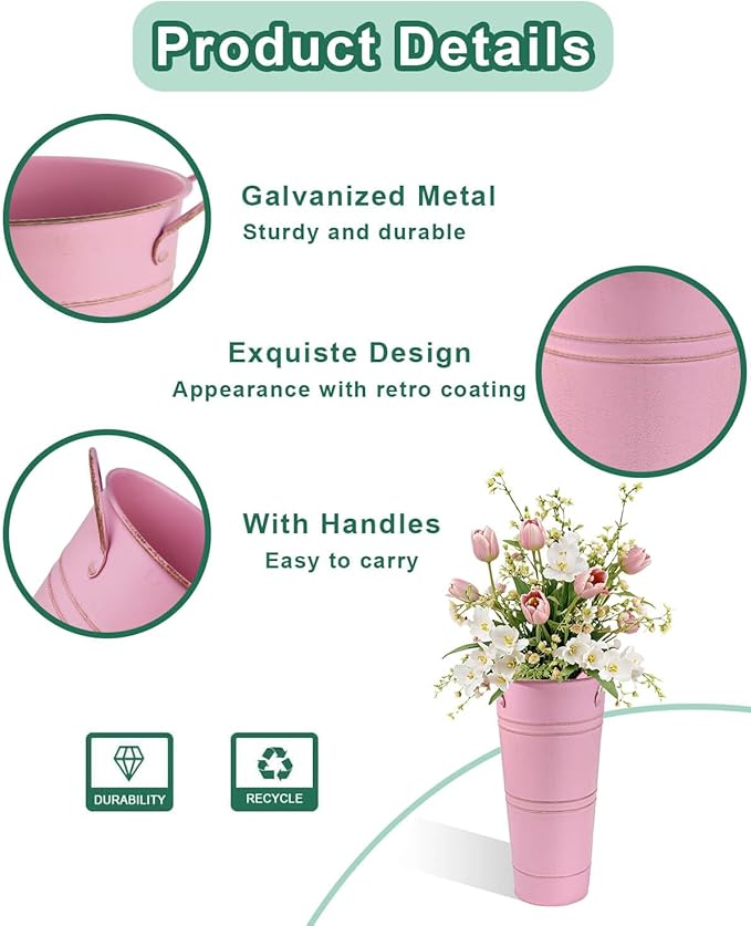 9 Inch Galvanized Metal Vases for Flowers - 2 Pcs Farmhouse Decorative Tall Flower Bucket with Handles, Rustic French Tin Planter Buckets for Wedding Decor (Pink)