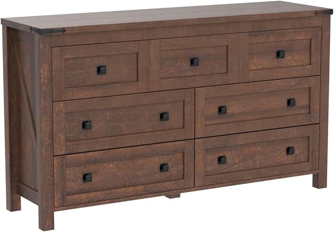 T4TREAM Farmhouse 7 Drawers Dresser for Bedroom, Wood Rustic Dresser Tv Stand, Storage Dressers Organizer for Bedroom, Living Room,Hallway, Reclaimed Barnwood