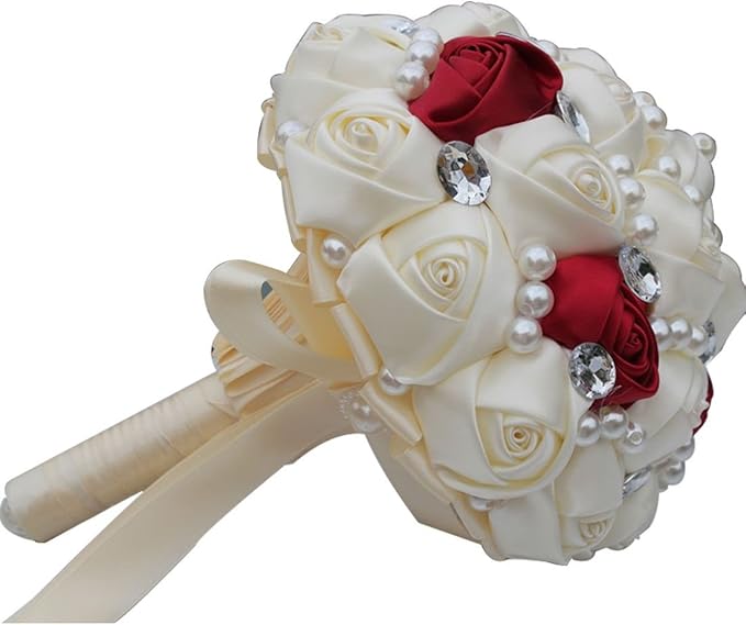 S_SSOY Customizable Romantic Wedding Bouquets Silk Flowers Bridal Holding Roses Bride Bridesmaid Bouquet with Pearl Crystal Ribbon Valentine's Day (Ivory+Wine Red)