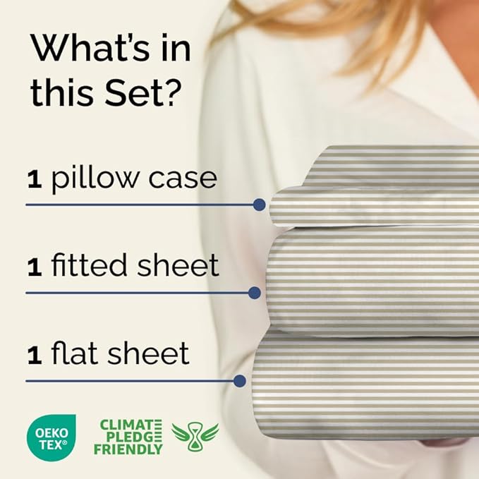 Biege Striped Sheets - Cream Bed Sheet Set - 1 Flat & 1 Fitted & 1 Pillowcase w/ Deep Pockets - Cozy, Wrinkle & Fade Resistant - Soft, Breathable, Cooling - Luxury Pinstripe Bedding - Twin Size
