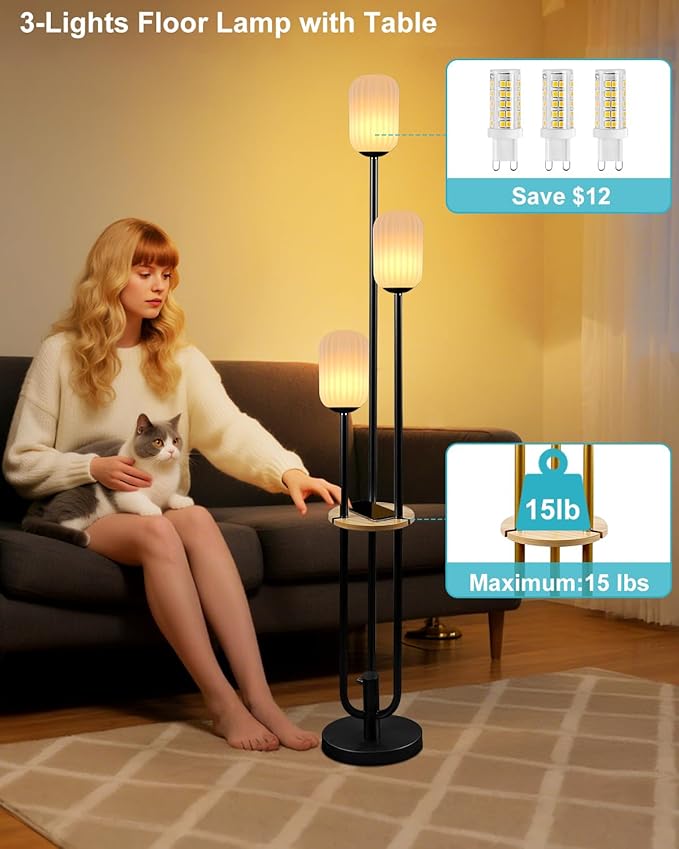 Floor Lamp for Living Room, Dimmable Vintage Floor Lamp with Shelf & LED Bulbs, 3 Light 3000K Soft Warmwhite Mid Century Standing Lamp, Tall Lamps with 5Lbs Heavy Base for Bedroom Home Decor