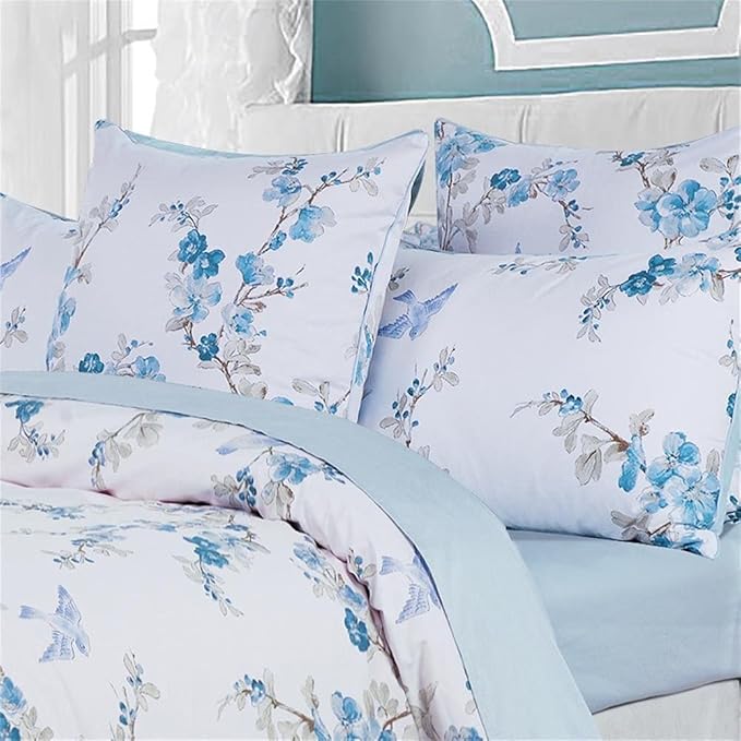 Brandream Duvet Cover King Size Floral Beddding Set Vintage Style Tree Blossom Birds with 100% Egyptian Cotton Quilt Comforter Cover Set(King,Blue)