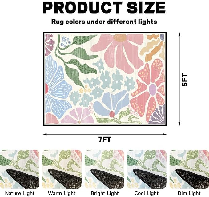 Floral Area Rug Modern Abstract Rug Pastel Flower Print Carpet Colorful Bohemian Plant Rugs for Bedroom Living Room Nursery Kitchen Playroom Home Decor,5'x7'