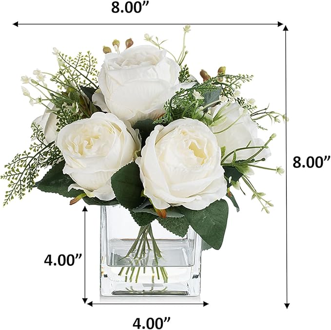 ENOVA FLORAL Artificial Flower Arrangement with Vase,Mixed Artificial Fake Silk Peony Flower in Vase for Decoration Home Office, Wedding Centerpiece (Cream)