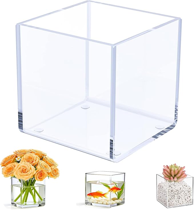 Kamehame Clear Acrylic Vase, 6"x6"x6" Wide Vase for Centerpieces, Succulent Pots Planters, Floral Square Cube Flower Vases for Home Office Wedding Decor