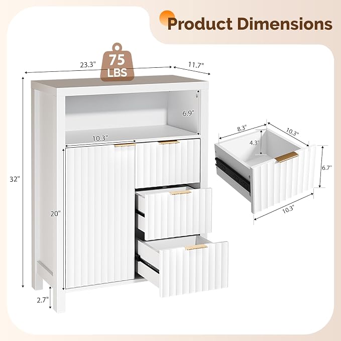 VINGLI Bathroom Floor Storage Cabinet with 3 Drawers, Modern 32" Freestanding Short Storage Organizer with Fluted Door & Adjustable Shelf, 12 Inch Deep White Wooden Console for Small Space