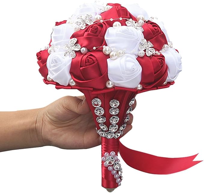 S_SSOY Customizable Romantic Wedding Bouquets Silk Flowers Bridal Holding Roses Bride Bridesmaid Brooch Bouquet with Pearl Diamond Crystal Ribbon Valentine's Day Free Corsage (Wine Red+White)