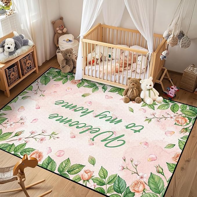 Welcome Rug Floral Area Rug for Bedroom Living Room Nursery Playroom Classroom Home Decor Pink Rose Green Leaf Carpet Non-Slip Washable Floor Mat,5'x7'
