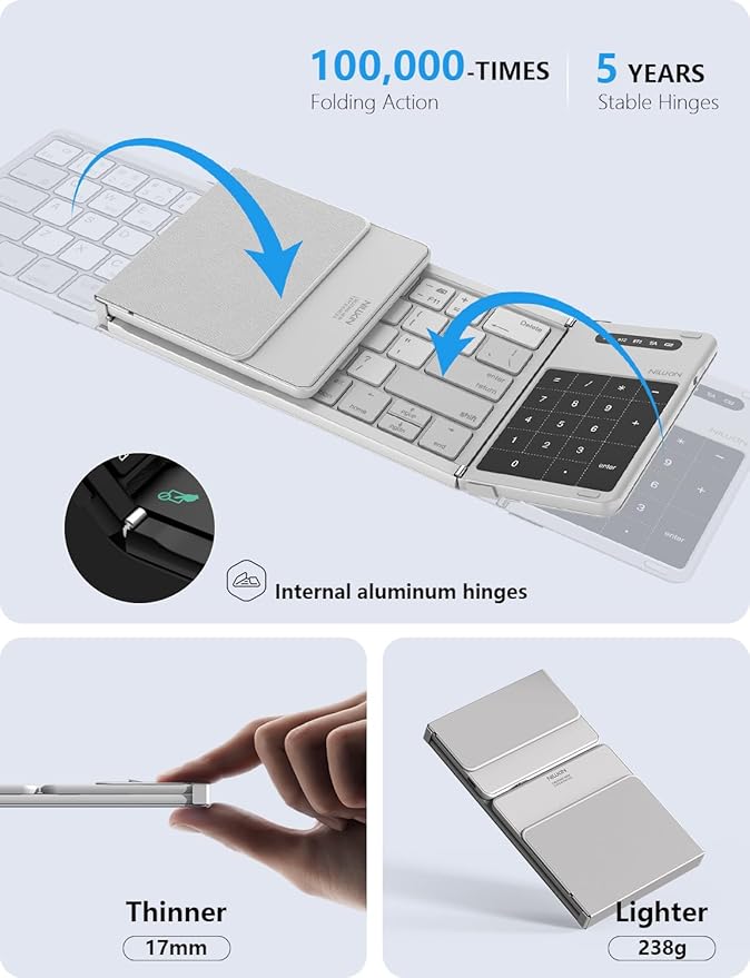 Nillkin Foldable Bluetooth Keyboard with Touchpad & Number Pad, Portable Bluetooth Keyboard with Full Size Keys, Pocket-Sized Wireless Travel Keyboards for iPad, Smartphone, Tablet and Laptop Gray