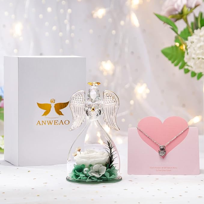 ANWEAO Mom Birthday Flowers Gifts for Mom,Glass Angel Figurines Preserved Real Rose with I Love You Necklace in 100 Languages, Valentines Rose Gifts for Women,Gifts for Her Grandma Unique Flower Gift