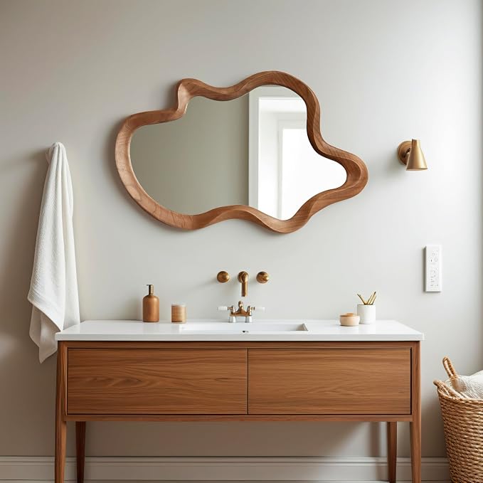 sawsile Irregular Wall Mirror,21""x 32""Asymmetrical Mirror Wood,Wooden Framed Wall Mirror,Modern Large Vanity Bathroom Mirror,Walnut Wavy Mirror for Entryway,Bedroom,Living Room,Washroom, Brown a