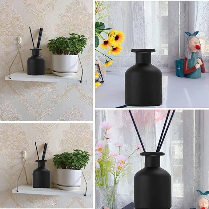 Glass Diffuser Bottles Empty Refillable Glass Container Jar 150ml / 5oz Fragrance Accessories DIY Replacement Diffuser Sticks Sets for Essential Oils Reed Sticks Crafts Spa Home Decoration (Black)
