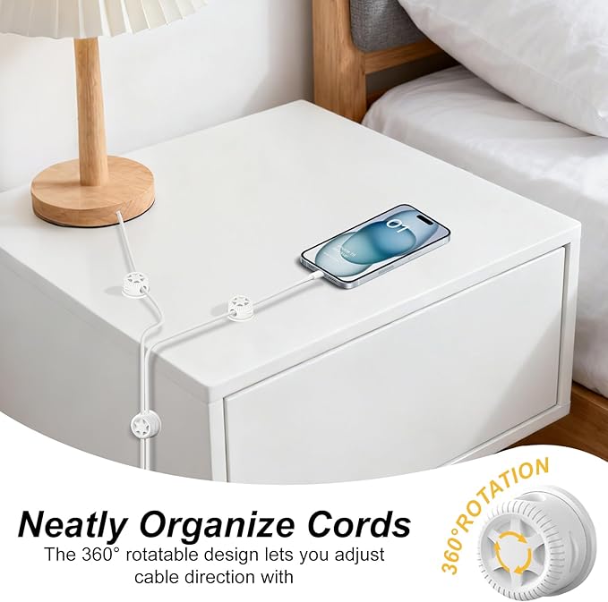 6 Pack Cord Organizer Magnetic Cable Clips, 360° Rotation Cable Clips - Adjustable Cord Holder for Nightstand, Adhesive Cable Management Cord Clips, Cable Holder & Charger Organizer（White