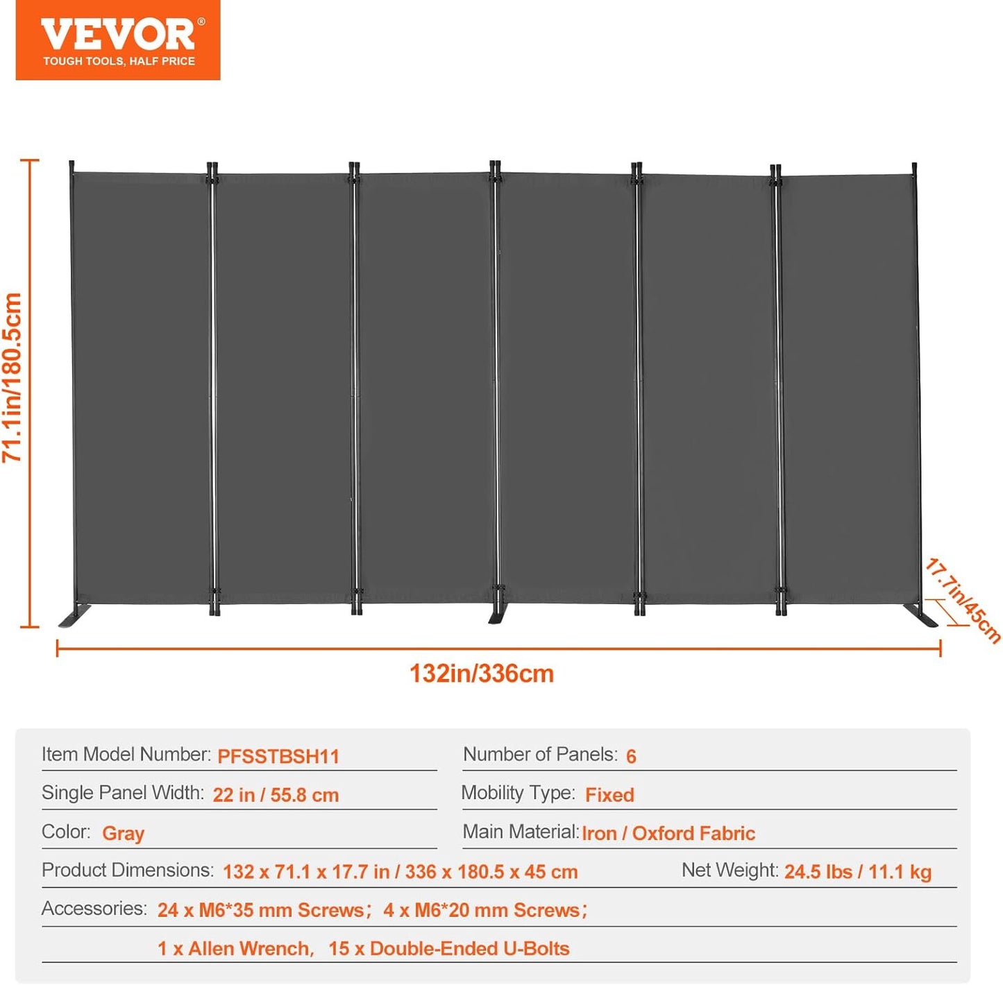 VEVOR 6-Panel Room Divider - Folding Privacy Screen & Portable Partition | Freestanding Grey Divider for Office & Bedroom