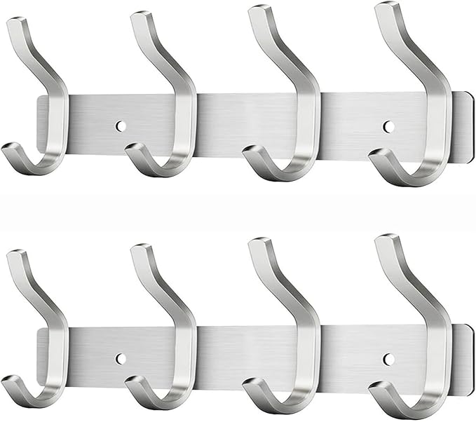 HAMUTH 12 Inch Coat Rack Wall Mount 2 Packs, Heavy Duty Wall Hooks with 4 Hooks, Silver Wall Hooks Hangers for Entryway, Bathroom - for Hanging Backpack, Bag, Coat, Purse, Hat, Towel, Clothes